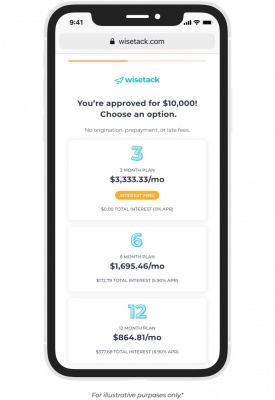 Wisetack product - offer screen - $10,000